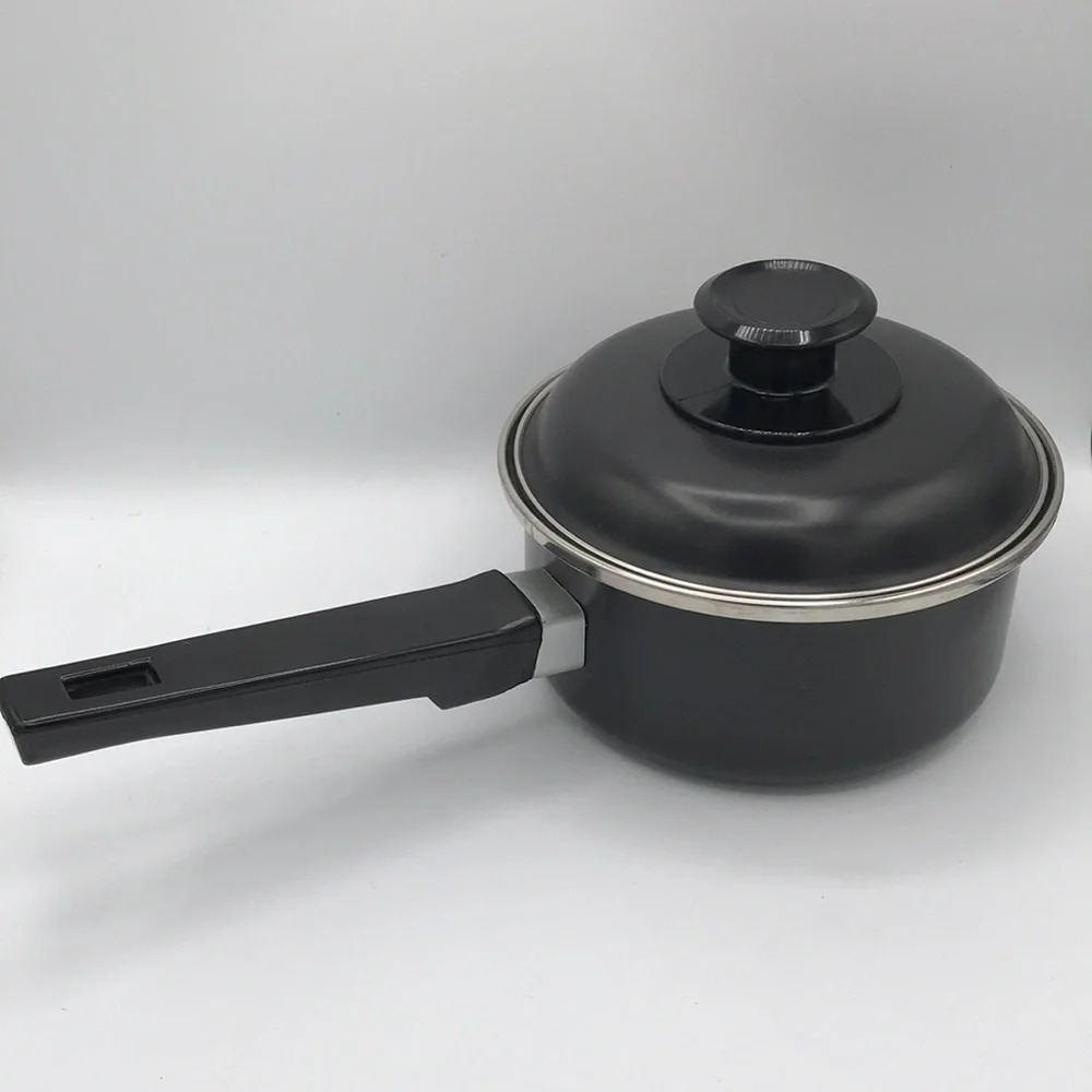 Small nonstick black saucepan with lid
